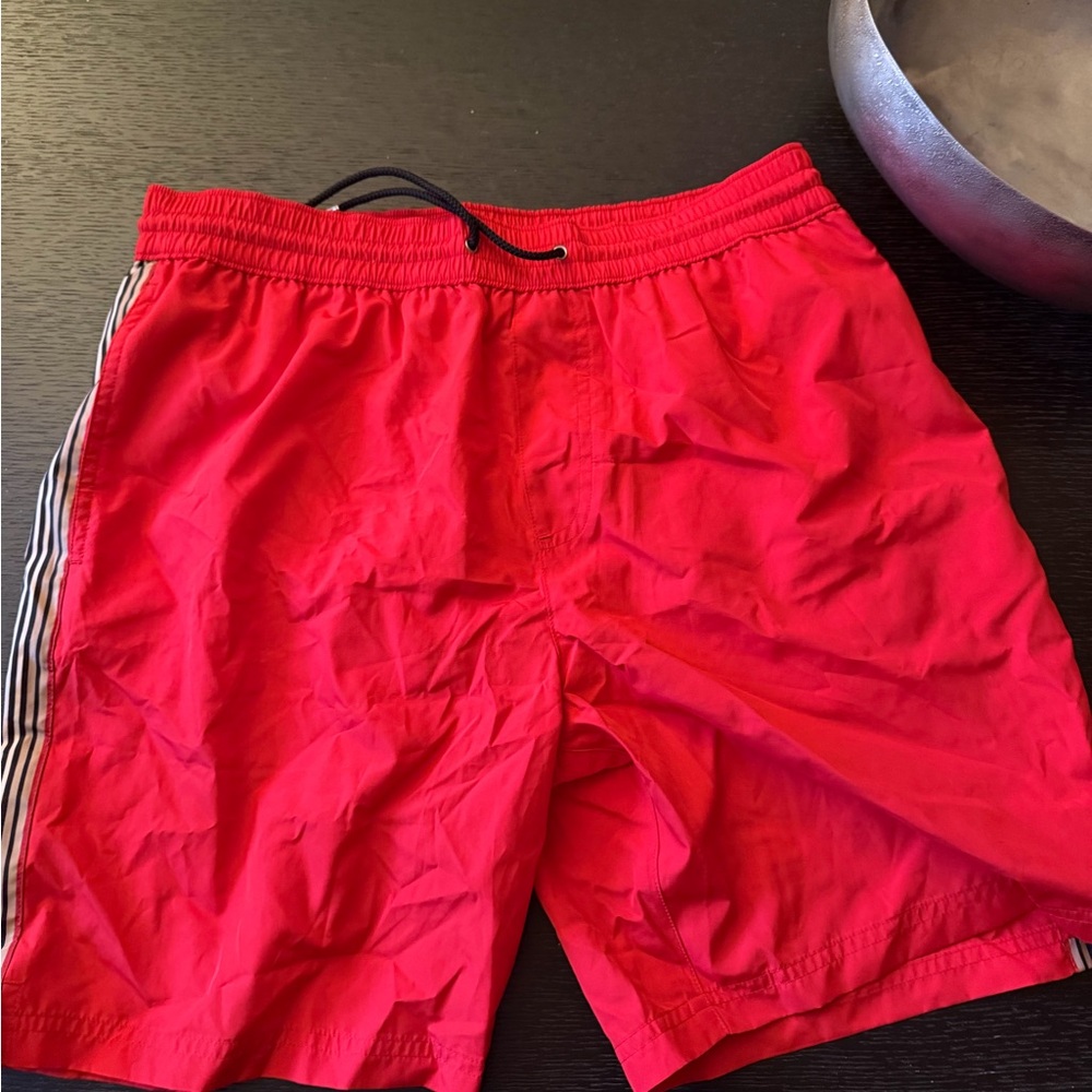 Burberry Red Swim Trunks with Stripe Detail